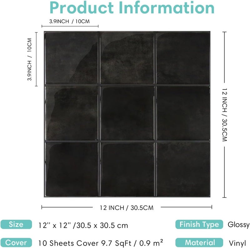 Commomy Thicker Black Peel and Stick Tiles - 10 pcs of 12" x 12" - 3D Adhesive Square Peel and Stick Tiles Backsplash for Kitchen, Bathroom, Removable, Waterproof, Vinyl Wall Tile - Image 5